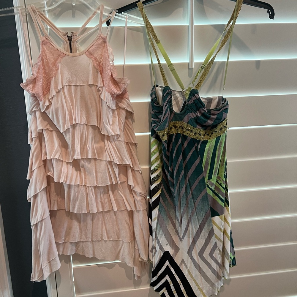 Pink Ruffle Dress and Green Patterned Dress
